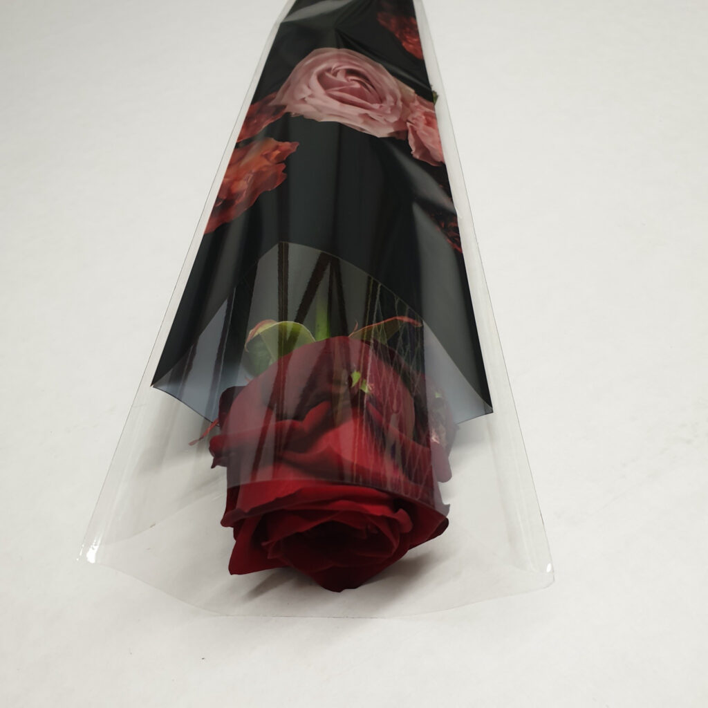 Red rose individually wrapped in water bottle in sleeve or cellophane