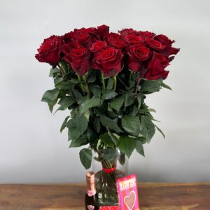 25 Rode Rozen Freedom - Explorer - kaartje - Prosecco (piccolo) - Tony's roos - framboos