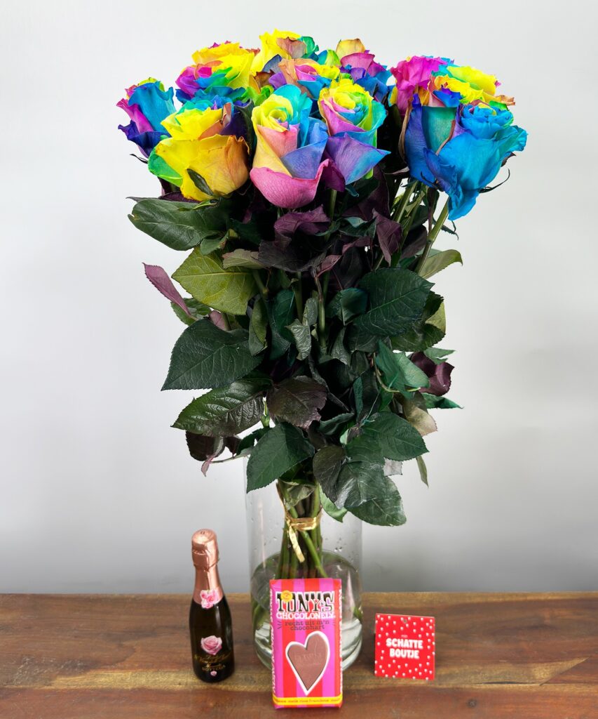15 Rainbow roses Mondial - Prosecco (piccolo) - Tony's rose - raspberry