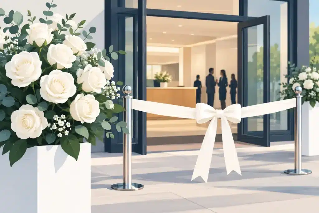 Bedrijfsopening met witte rozen die indruk maakt